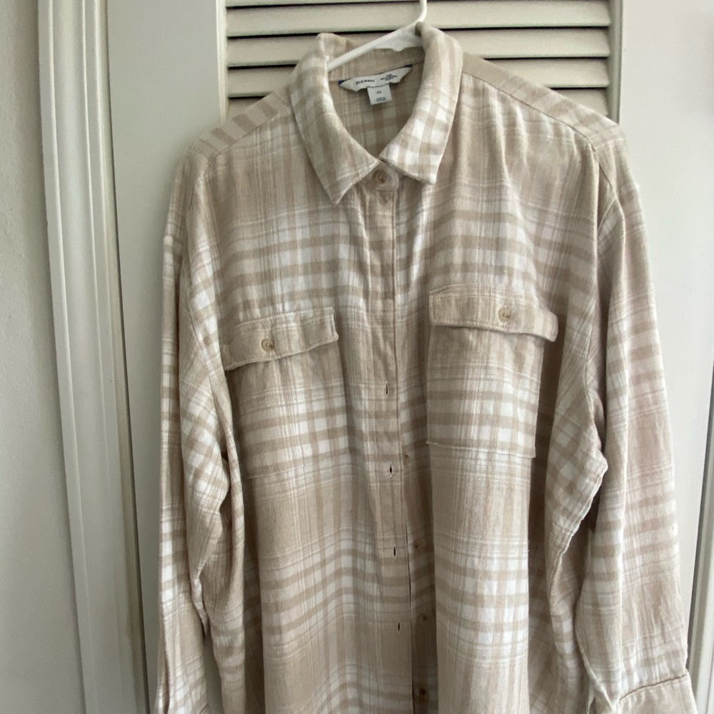 Old Navy Beige and White Plaid Button-Down Shirt